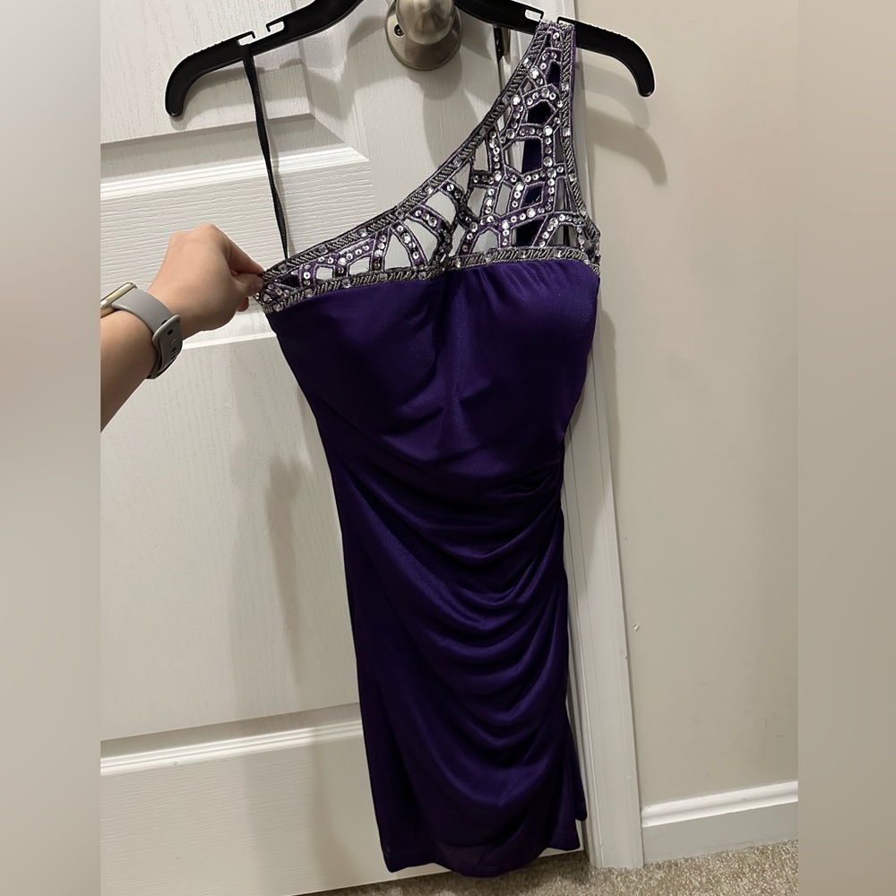 Purple one shoulder semi formal dress